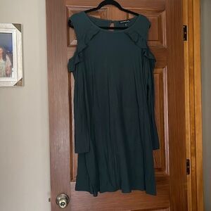 Emerald Green Dress with ruffle detail and Open Shoulder (long Sleeve)